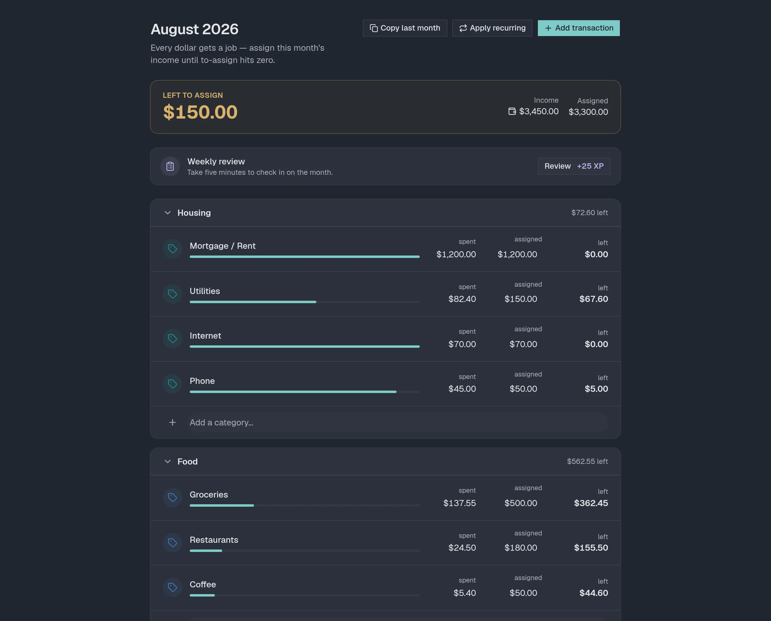 The CalmDollar budget screen for August, showing $150 left to assign above category rows for housing and food with spent, assigned and remaining amounts.