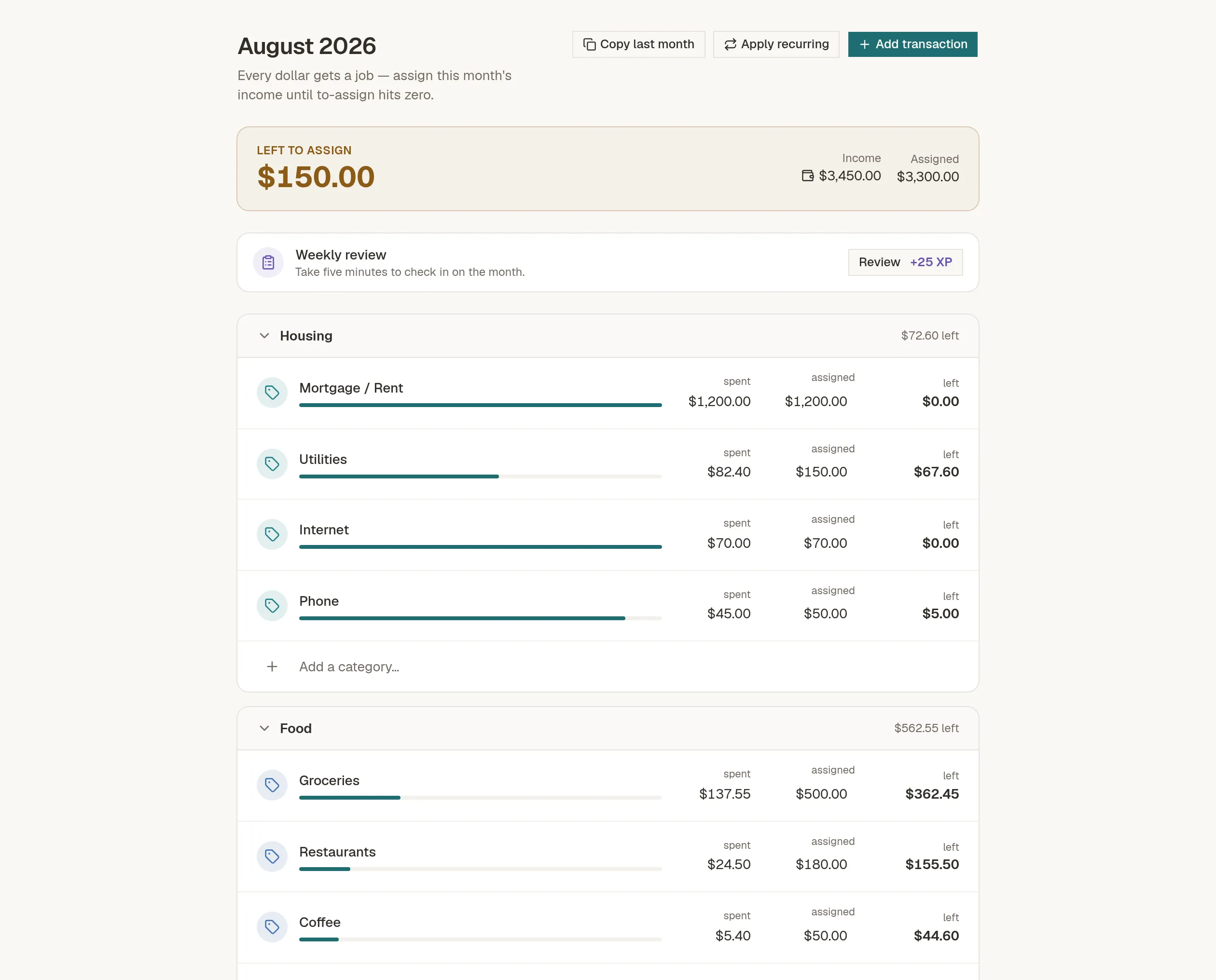 The CalmDollar budget screen for August, showing $150 left to assign above category rows for housing and food with spent, assigned and remaining amounts.